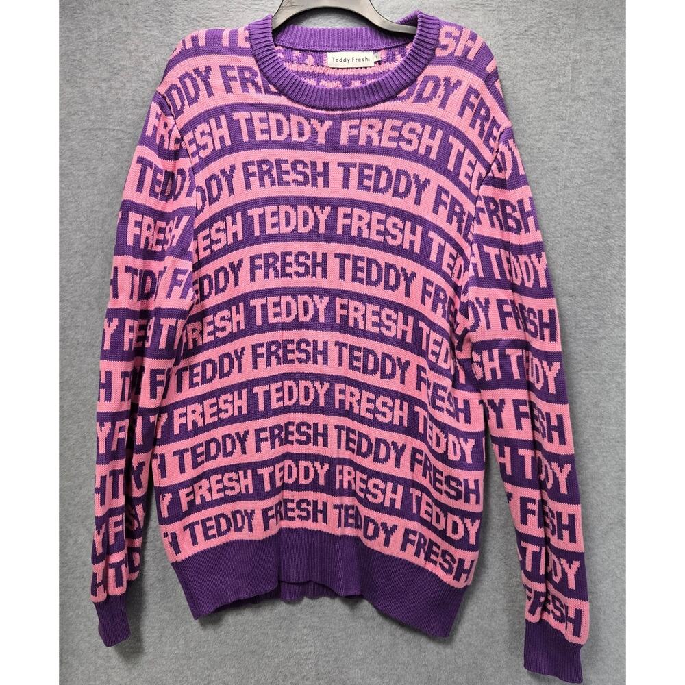 Teddy Fresh Spell Out Knit Pink Purple Sweater Size Large